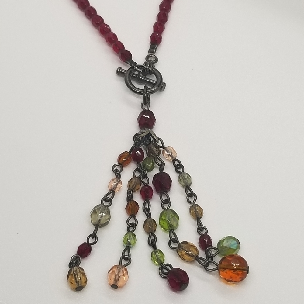 red glass bead lariat necklace with multicolor beaded chain tassel - Picture 2 of 2